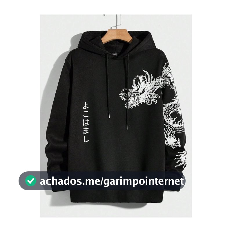 Moletom Dragão Japonês Unissex Canguru com Capuz e Bolso Blusa de Frio P ao GG