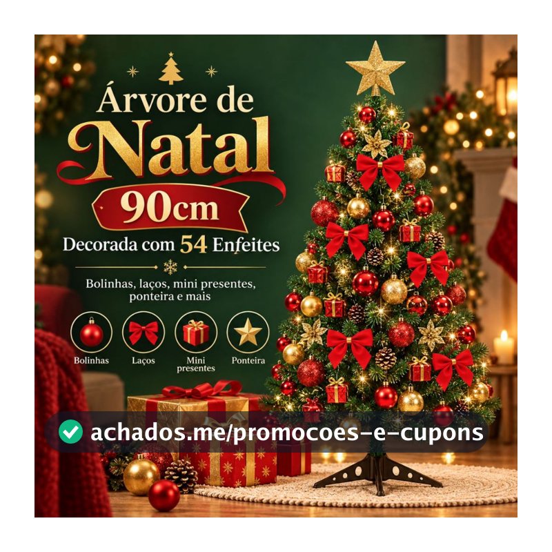 Árvore de Natal 90cm Decorada Completa 54 Enfeites Pisca