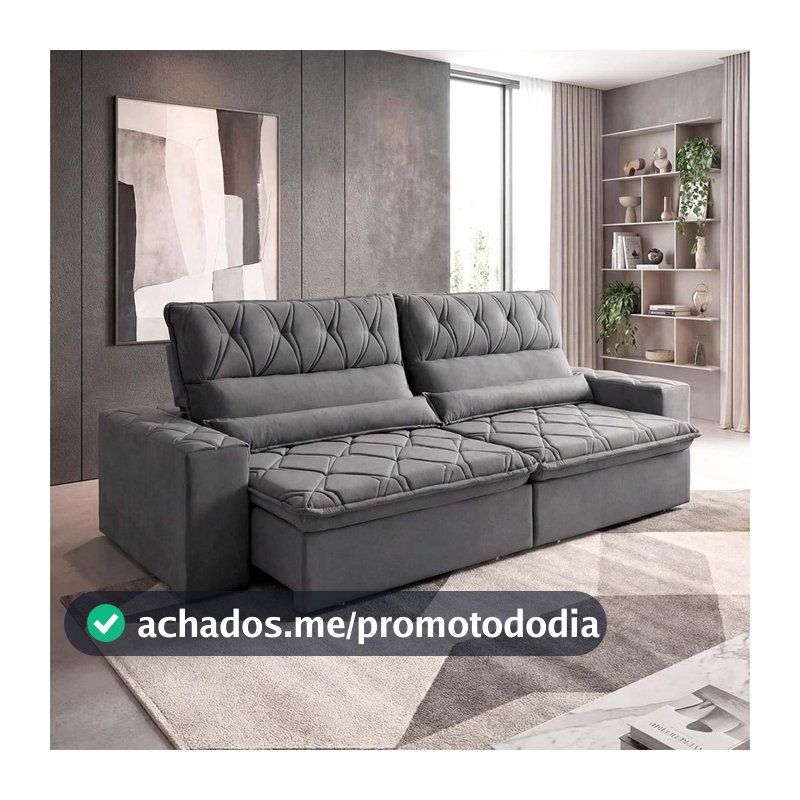 Sofá Retrátil/Reclinável França 3,00m Suede Velut Cinza c/ Molas no Assento - King House