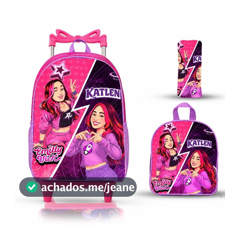 Kit Mochila Escolar Emily Vick Rodinhas-Lancheira-Estojo-Mochila De Costas Menina Reforçada