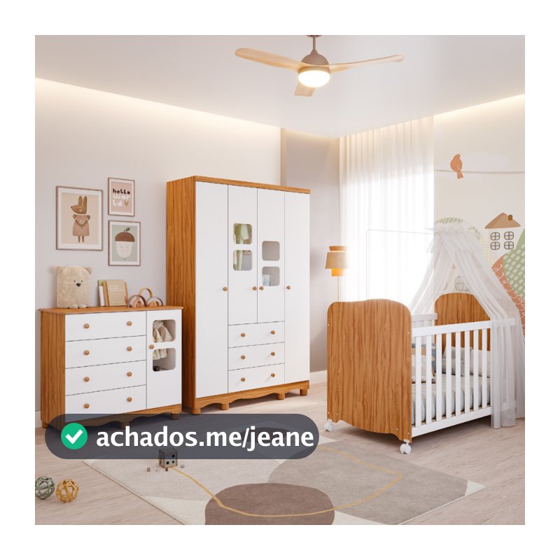 Quarto de Bebê Completo Guarda Roupa 4 Portas 3 Gavetas Berço Americano Cômoda Uli 1 Porta