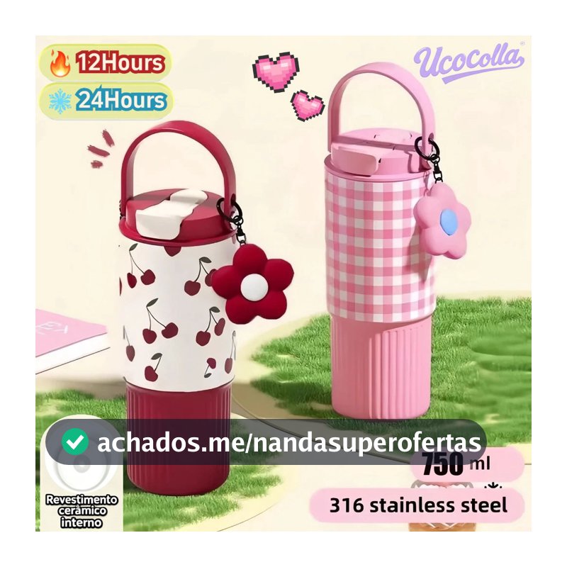 UCOCOLLA Portátil Garrafa Térmica Com Pingent 750ml Inox Alça Com Canudo Fashion Quente/Frio Monet Garden Design