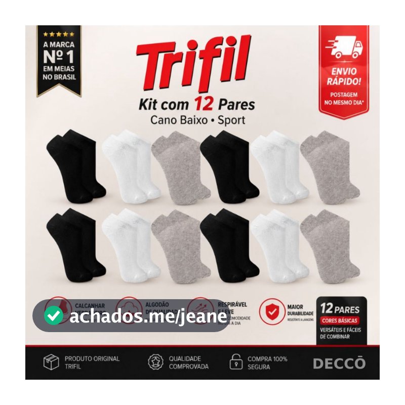 Kit com 12 Pares de Meias Trifil Modelo Cano Baixo Lisa Básica Esportiva Calcanhar Verdadeiro Sport
