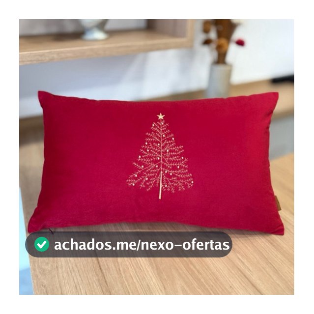 Almofada Natal Bordada Veludo Vermelho com Árvore Dourada Decoração Natalina Presente c enchimento
