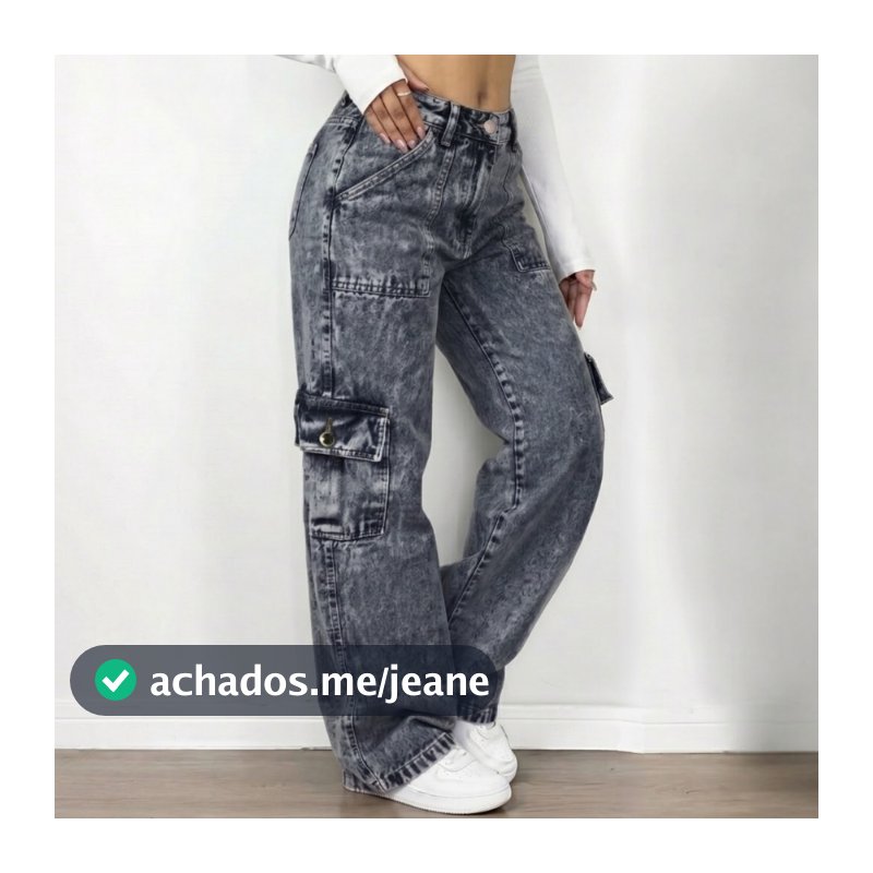 Calça Jeans Feminina Cargo Wide Leg Marmorizada Pantalona Boca Larga Bolso Lateral