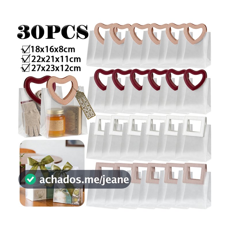10-30 Unid. Sacola Presente Fosca Transparente Alça Coração/Quadrada Multicores e Multitamanhos