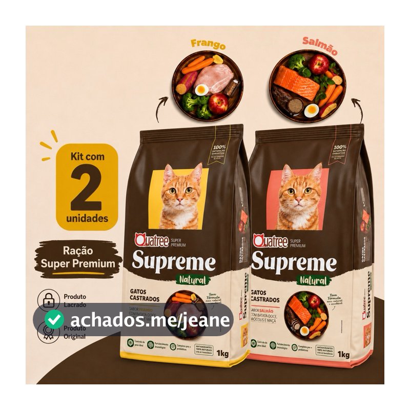 Kit com 2 Ração para Gatos Quatree Supreme Ração Gatos Castrados 1kg  Controle de Pelo Nova Formula