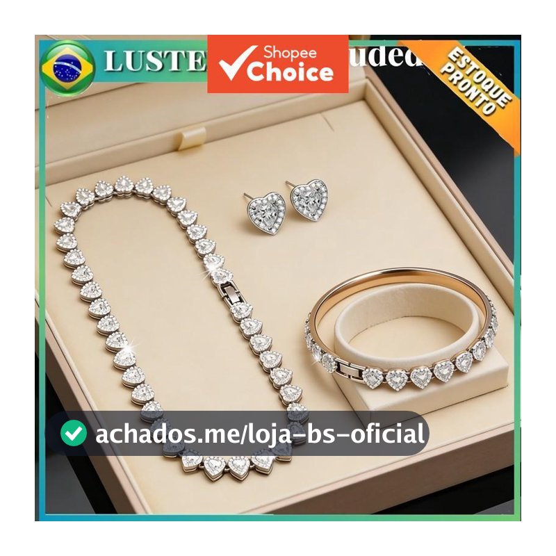 Conjunto de joias de corrente em aço inoxidável em formato de coração cubano - colar + pulseira + brincos -
