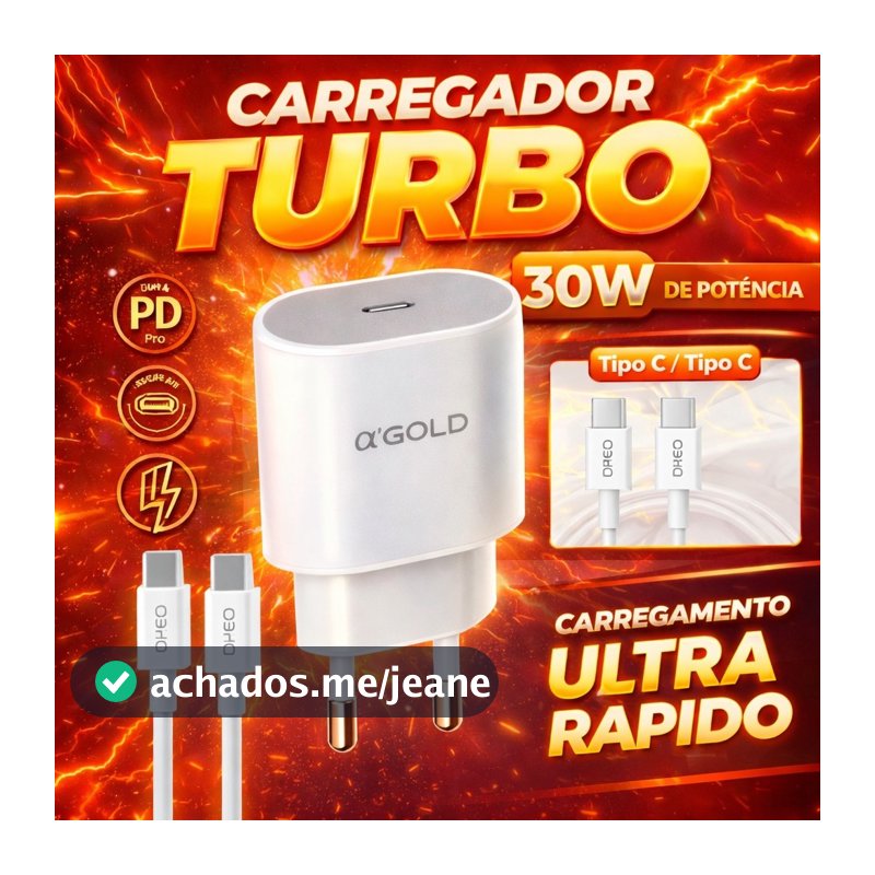 Carregador Completo Tipo C Turbo A`Gold Original SAMSUNG, MOTOROLA E IPHONE 15, 16 E 17