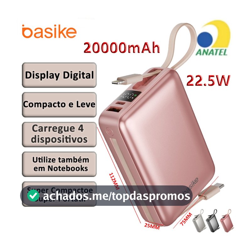 BASIKE 2026 Carregador Portátil 20000mAh - Carregamento Rápido 22.5W Power Bank Carregador Saída dupla