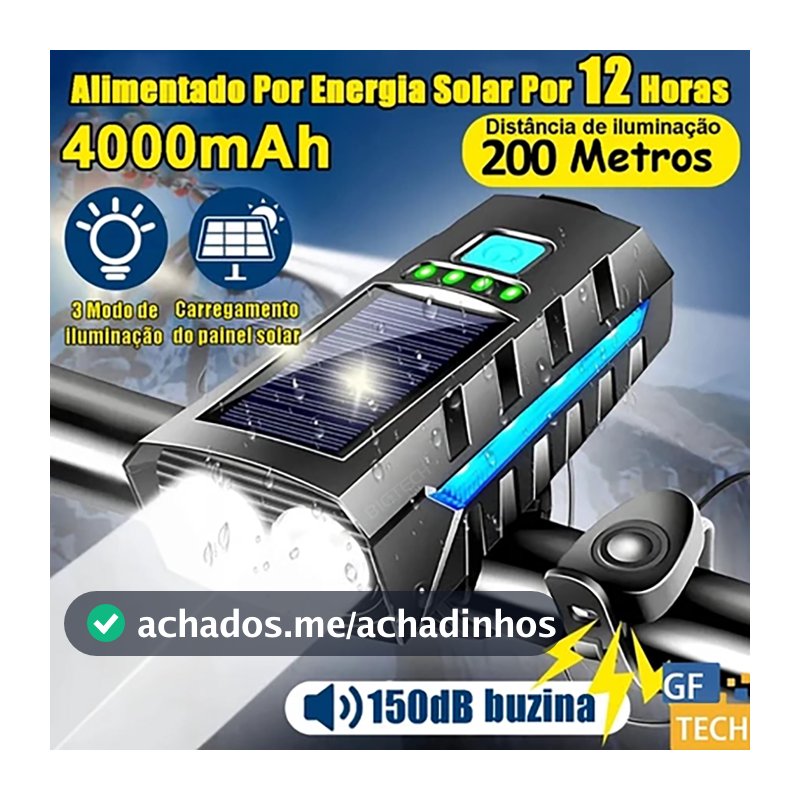 Lanterna Bike Solar Com Buzina E Power Bank 12H Recarregável À Prova D'Água Farol Para Bicicleta