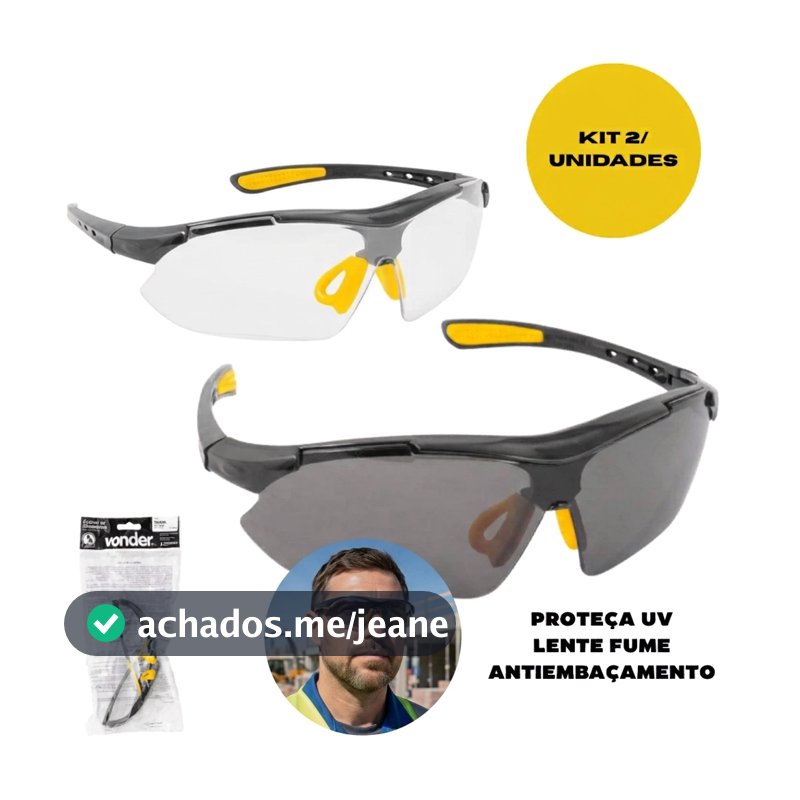 Kit 2 Oculos Proteção Segurança Construção Civil Incolor Fume Segurança Sol Bicicleta Obras Trabalho Corrida Vonder