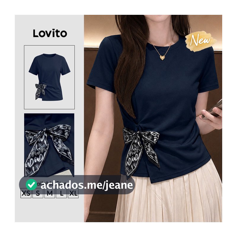 (New Arrival) Lovito Camiseta Feminina Azulescura Manga Curta Gola Redonda Com amarração Para Trabalho primavera/verão TSK10P1D832