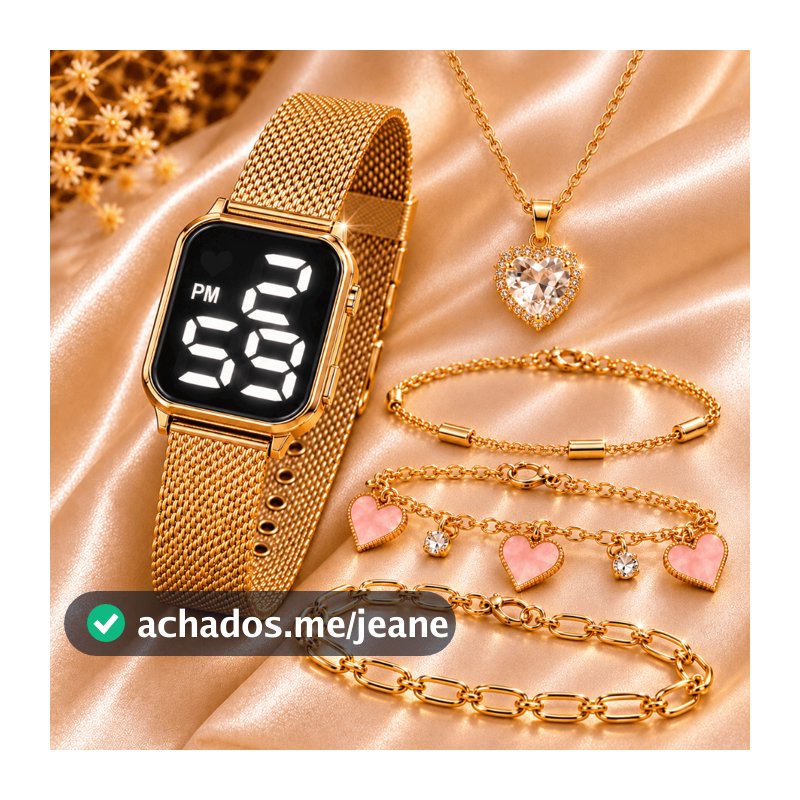 Kit Relógio LED Feminino + 3 Pulseiras + Colar Coração Luxo