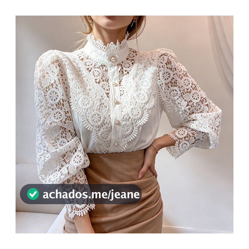 Blusa Feminina de Renda De Algodão Manga Longa Gola Redonda Detalhe Retalho Vintage Elegante Para Primavera