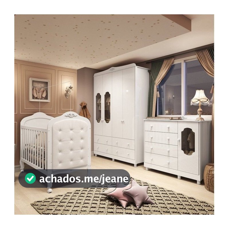 Quarto de Bebê Berço 3 em 1 com Capitonê, Cômoda e Guarda Roupa MDF Maya Provençal Yescasa Branco Branco Brilho