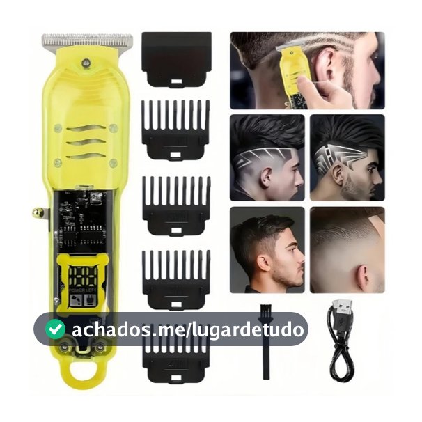 Cortador de Cabelo Profissional Sem Fio com Display LCD Inteligente e Barbeador Transparente para Homens