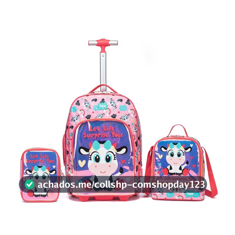 Mochila Infantil Bolsa Rodinhas Estojo Lancheira Termica Vaquinha Yupe