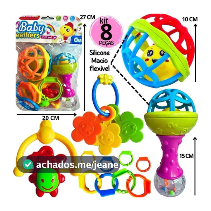 Kit Brinquedo Bebe Chocalho Mordedor Silicone Macio Bola Colorida 8 Peça Presente Para Menina e Menino Móbile para Berço