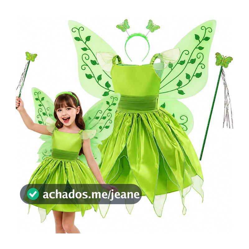 Fantasia Vestido Infantil Festa Aniversário Fada Sininho com Asa Tiara & Varinha