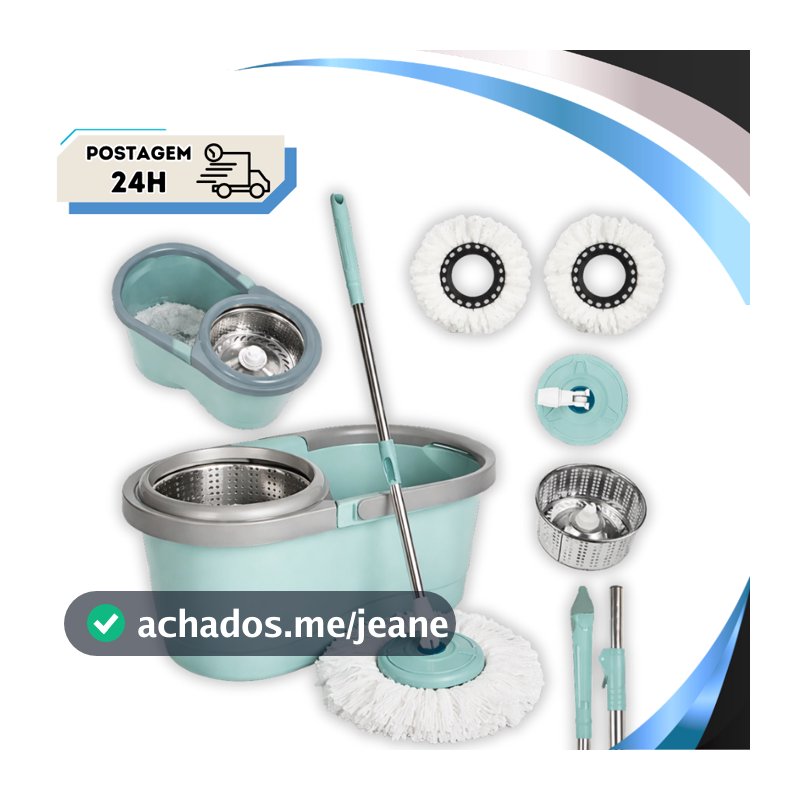 Mop Giratório Duo 360° Com Cesto Inox Duas Águas, Regulável, Desmontável, Prático para Limpeza Rápida Profunda