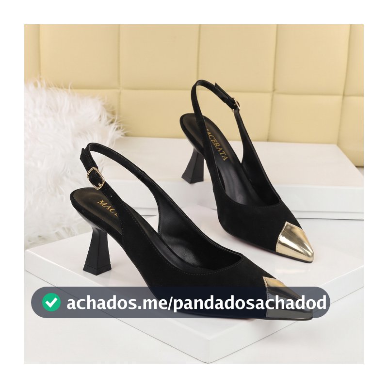 Sapato Slingback Feminino Salto Taça Bico Fino com Ponteira Dourada Elegante Ref: 1503