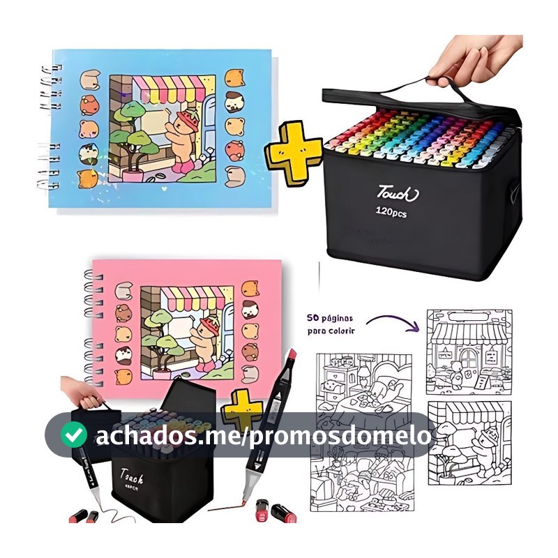 Kit Livro De Colorir Capa Dura 50 Páginas 24/36/60/80/100/120 Cores Caneta Marcadora Com Ponta Dupla