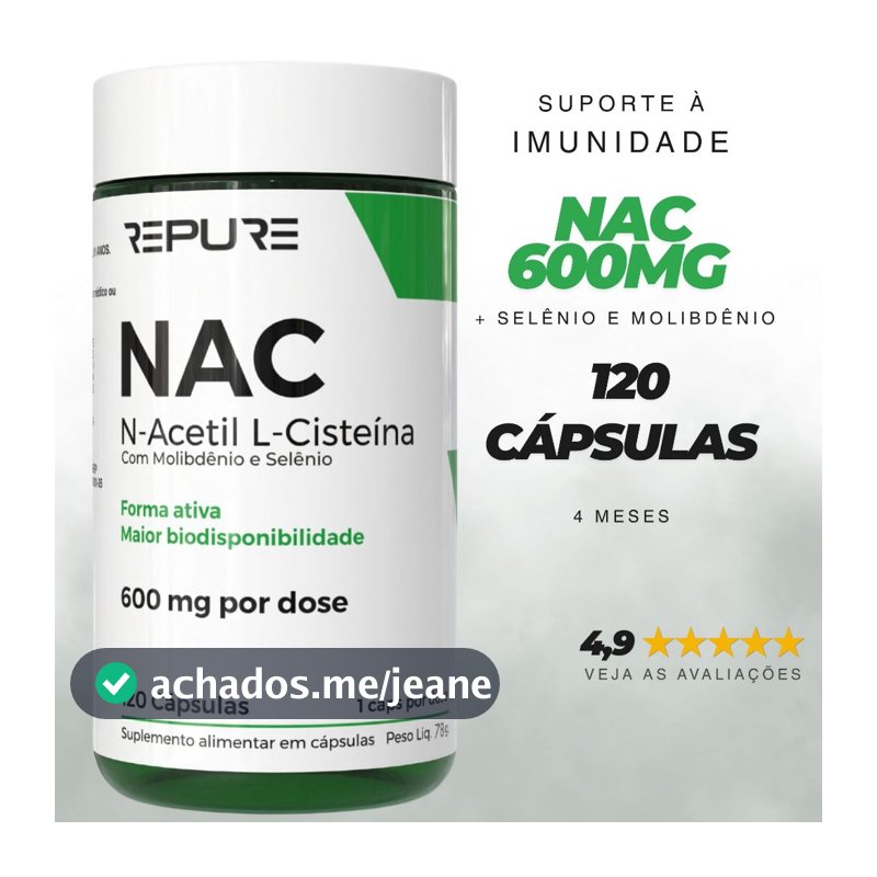Nac N-acetil L-cisteína 600mg Molibdênio + Selênio Original 120 Cápsulas (4 Meses)