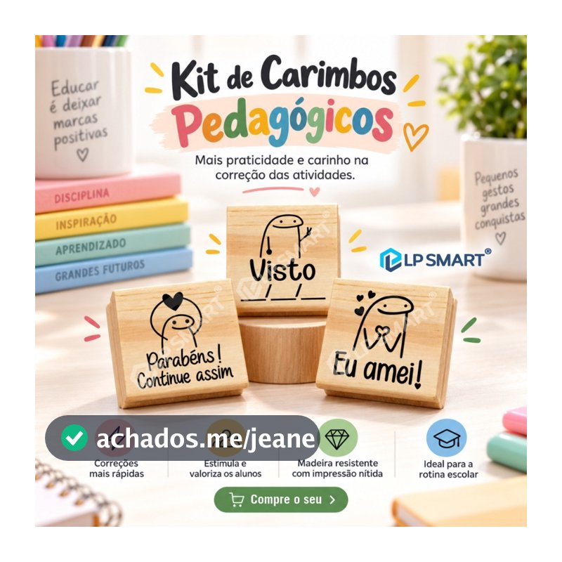 Kit 3 Carimbos Pedagógicos FLORK 3x3cm Madeira Bento Meme Professor Escola Incentivo Carimbo Artesanal Infantil