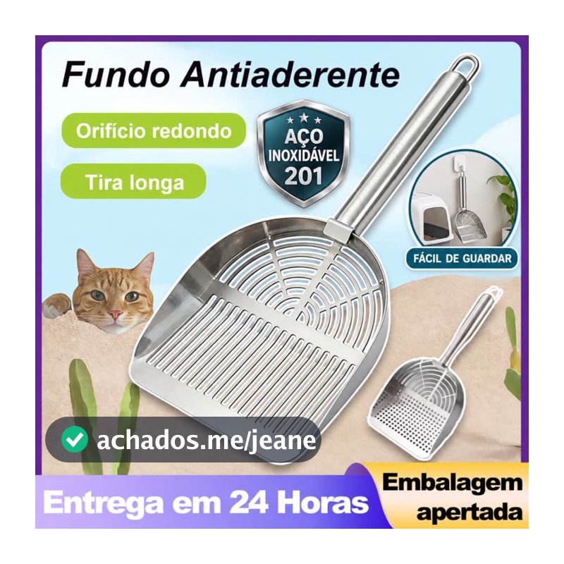 Pá Higiênica para Gatos 32cm em Aço Inoxidável 201 Peneira para Caixa de Areia Sanitária com Cabo Longo