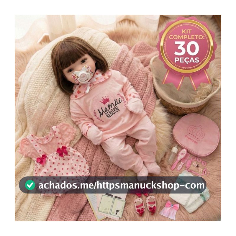 Kit Boneca Bebê Reborn Realista Menina 100% Silicone com Enxoval Completo 30 Itens Mamãe Reborn - 48cm!