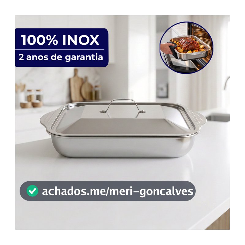 Assadeira Travessa Retangular Aço Inox com Tampa 6 Litros 40x25x12cm Forno Fogão Churrasco Resistente Altas Temperaturas