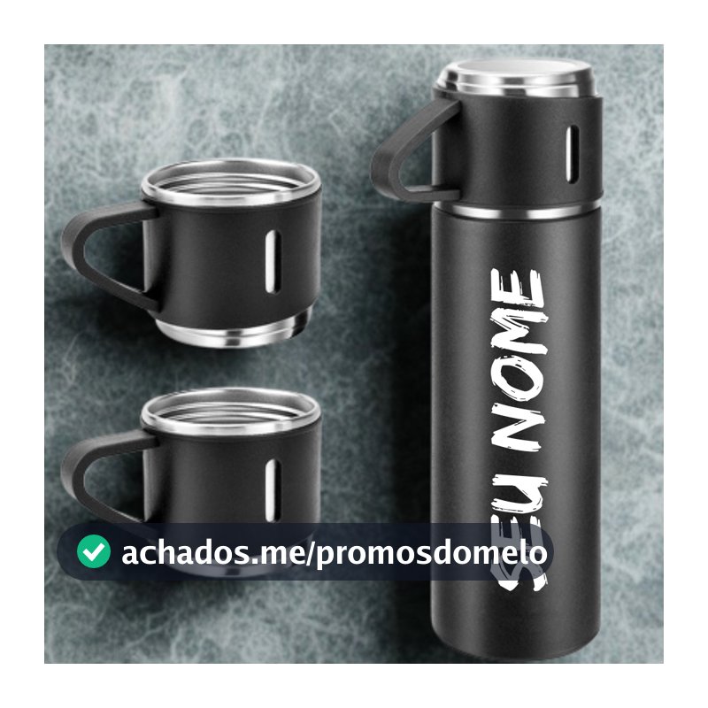 KIT 5/10 Garrafa Termica Inox 500ML Vacuum PERSONALIZADA + 3 xicaras Copinhos Café Chá Quente gelado