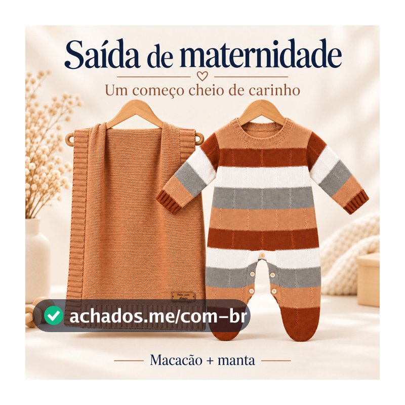 Saída Maternidade Bebê Kit 2 Peças Macacão Listrado Tricô Body e Manta Enxoval Recém-Nascido