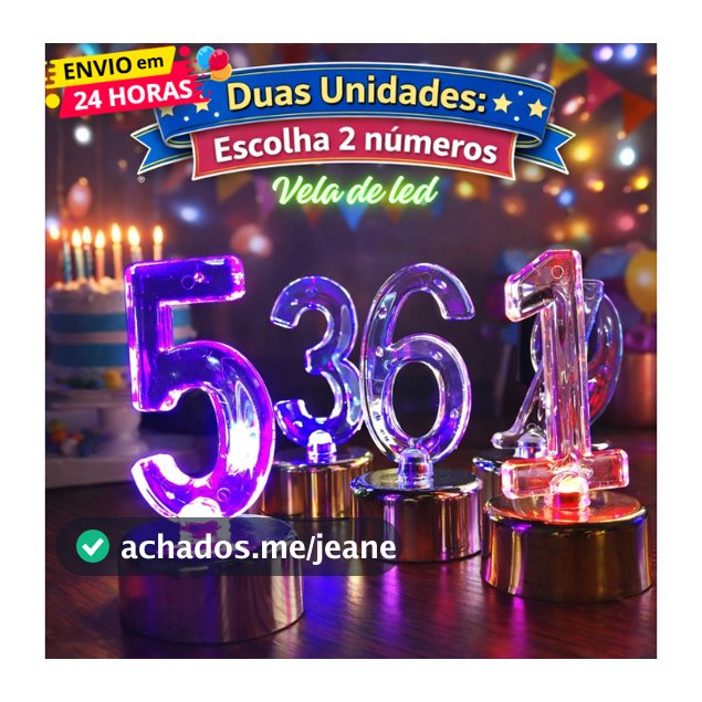 kit 2 Unidades Vela De Led De Número Topo de Bolo Pisca Várias Cores Para Decoração De Aniversário