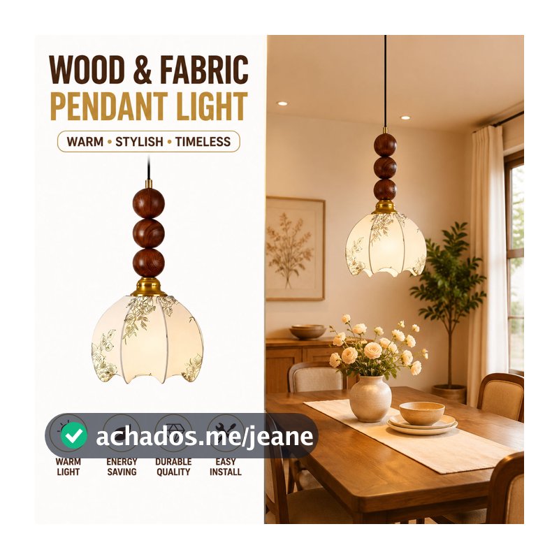 Lustre Pendente Retro Vintage Madeira E Tecido 3 Cores Dimmável Pendente De Teto Para Sala De Jantar
