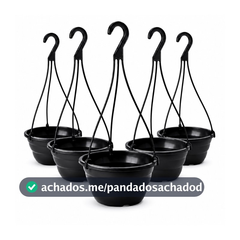 Kit 5 Vasos Cuia 21 Preta com Haste 40cm Reforçado Plantas Suspensas Vasos
