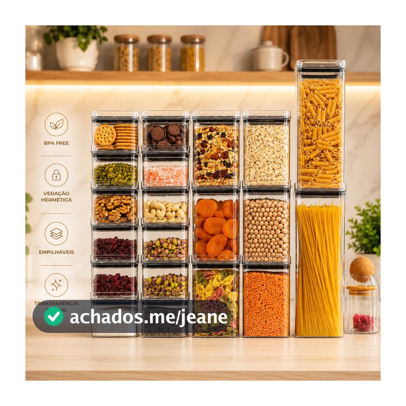 Kit 20 Potes Porta Mantimento Herméticos 2,3litros 1,1litro 500ml Acrílico Empilhável Transparência Cristal Livre de BPA