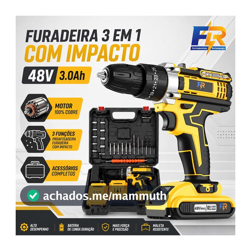 Parafusadeira Furadeira de Impacto 48V Sem Fio 2 Baterias 3 Funções com Maleta e Acessórios Kit Completo