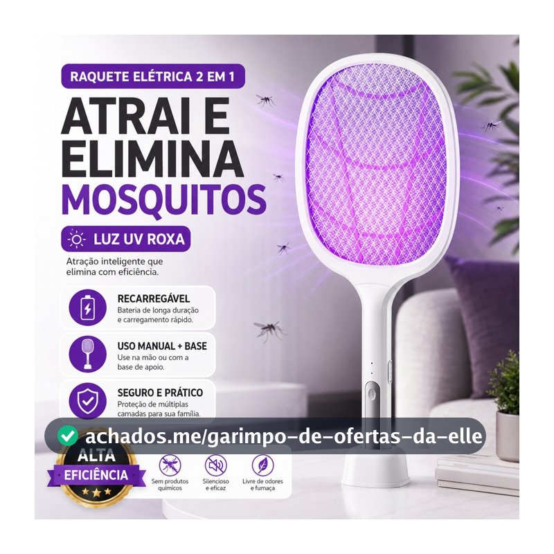 Raquete Mata Mosquito Recarregável Com Base Luz UV 2 em 1