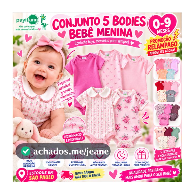 Kit 5 Bodies Bebê Menina Manga Curta 100% Algodão Rosa Floral Gola Envelope Botão de Pressão
