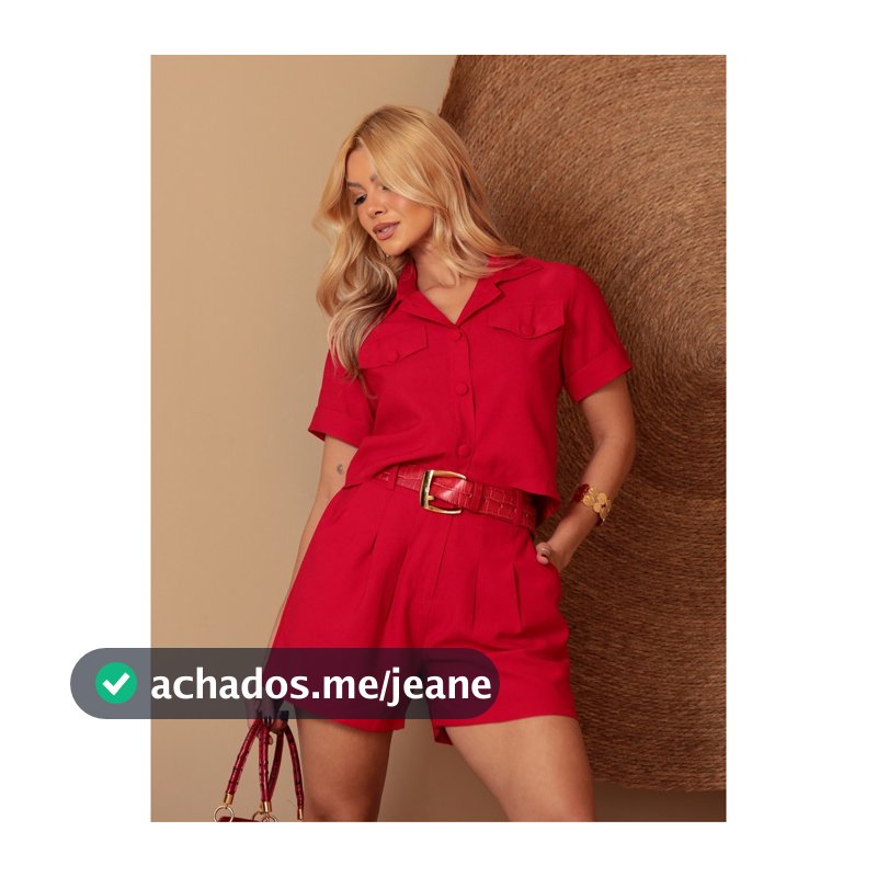 Conjunto Feminino Short Bolsos Faca Blusa Gola Polo com Botões Bolso Decorativo Elegante Verão