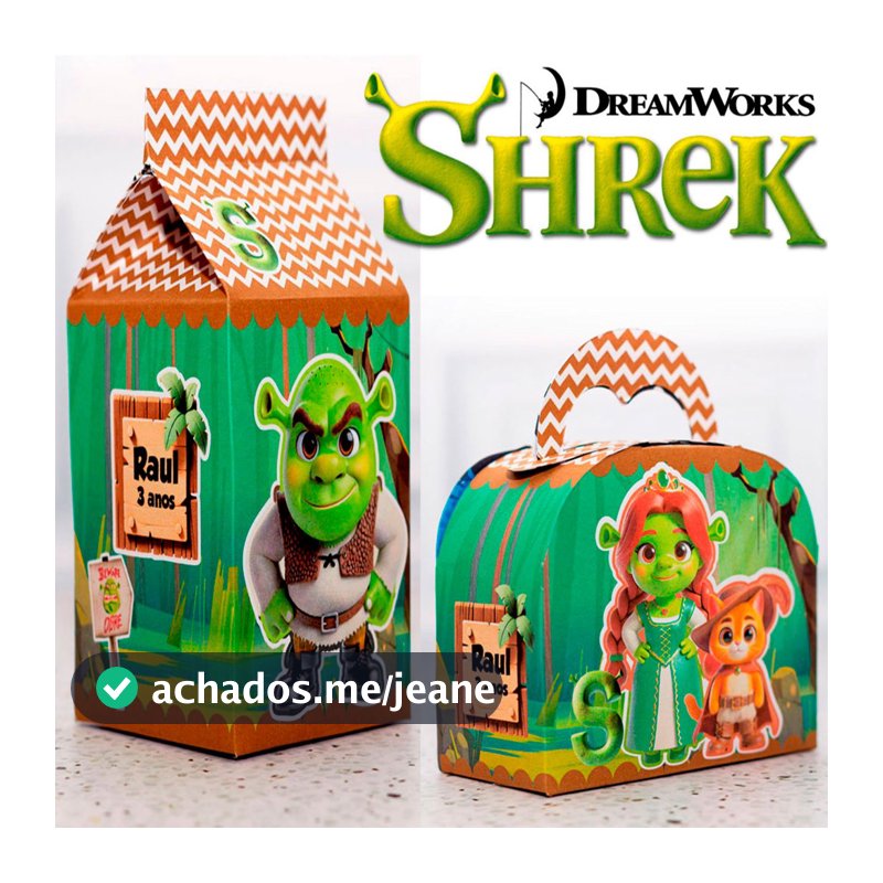 KIT SHEREK -  Caixa Maleta e Milk Personalizada - Lembrancinha Festa Infantil - Kit Shrek e Fiona - PEGUE E MONTE