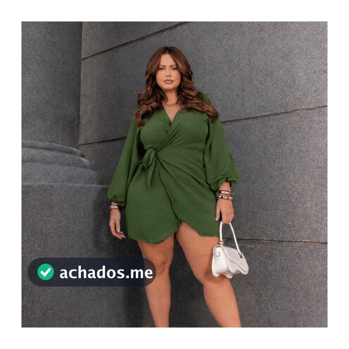 Vestido Curto Verde Oliva Plus Size Envelope Feminino Transpassado Decote V Manga Comprida Fresquinho Casamento Casual