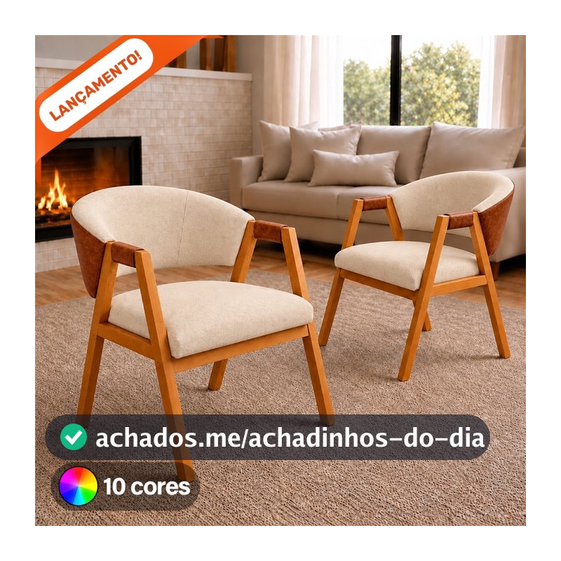 Kit 2 Poltronas Hellen Suellen Decorativa Para Sala Linho Courino Pés de Madeira Aninha Poltronas