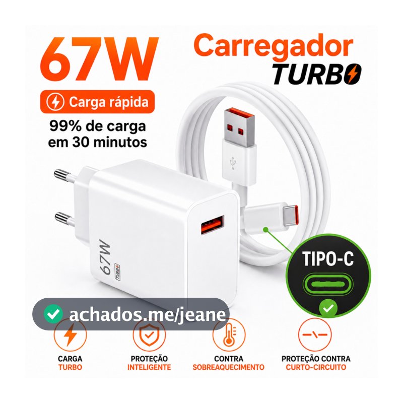 Carregador De Celular Turbo Tipo C 67W Original USB-A Tipo C Com Cabo Carga Rápida Universal Android