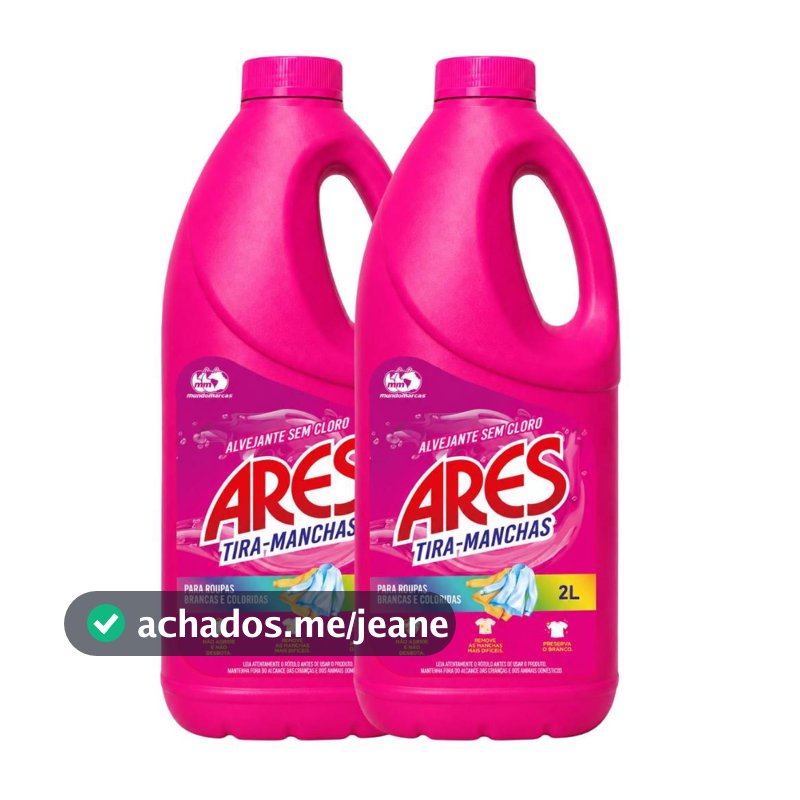 Kit 2 Unidades Alvejante Tira Manchas Líquido Ares Sem Cloro 2L Roupas Brancas e Coloridas