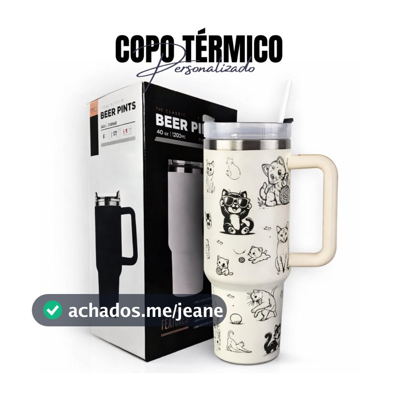 Copo Térmico 1200ml Off White Personalizado Gatos Gatinhos Gravação Laser 360 Graus