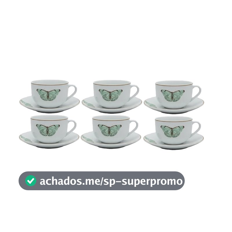 Jogo 6 Xicaras Com Pires Café Borboleta Porcelana 80 ml