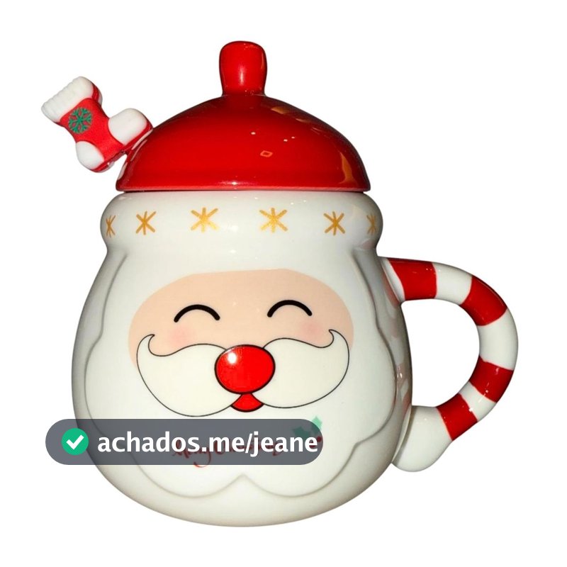 Caneca Natalina de Cerâmica Papai Noel com Tampa e Colher 400 ml Natal